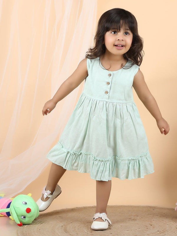Polka Tots Sleeveless Solid frock with headband - Green