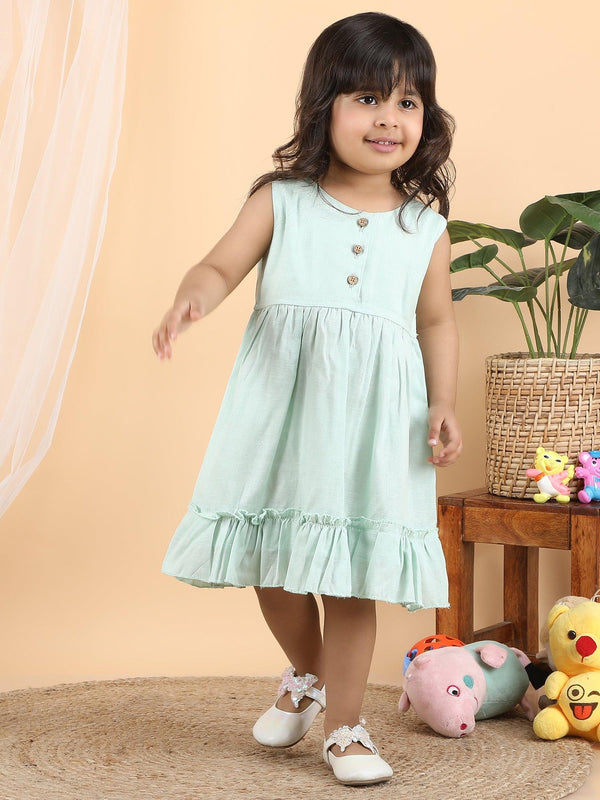 Polka Tots Sleeveless Solid frock with headband - Green