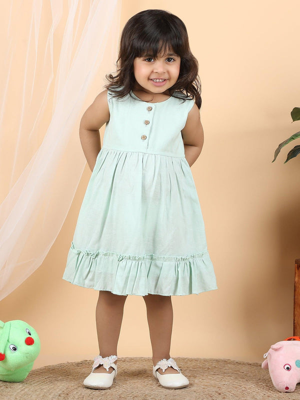 Polka Tots Sleeveless Solid frock with headband - Green