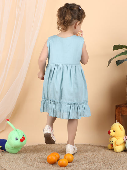 Polka Tots Sleeveless Solid frock with headband - Blue