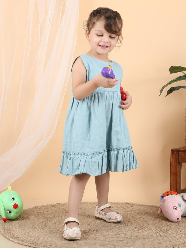 Polka Tots Sleeveless Solid frock with headband - Blue