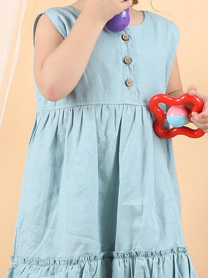 Polka Tots Sleeveless Solid frock with headband - Blue