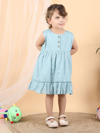 Polka Tots Sleeveless Solid frock with headband - Blue