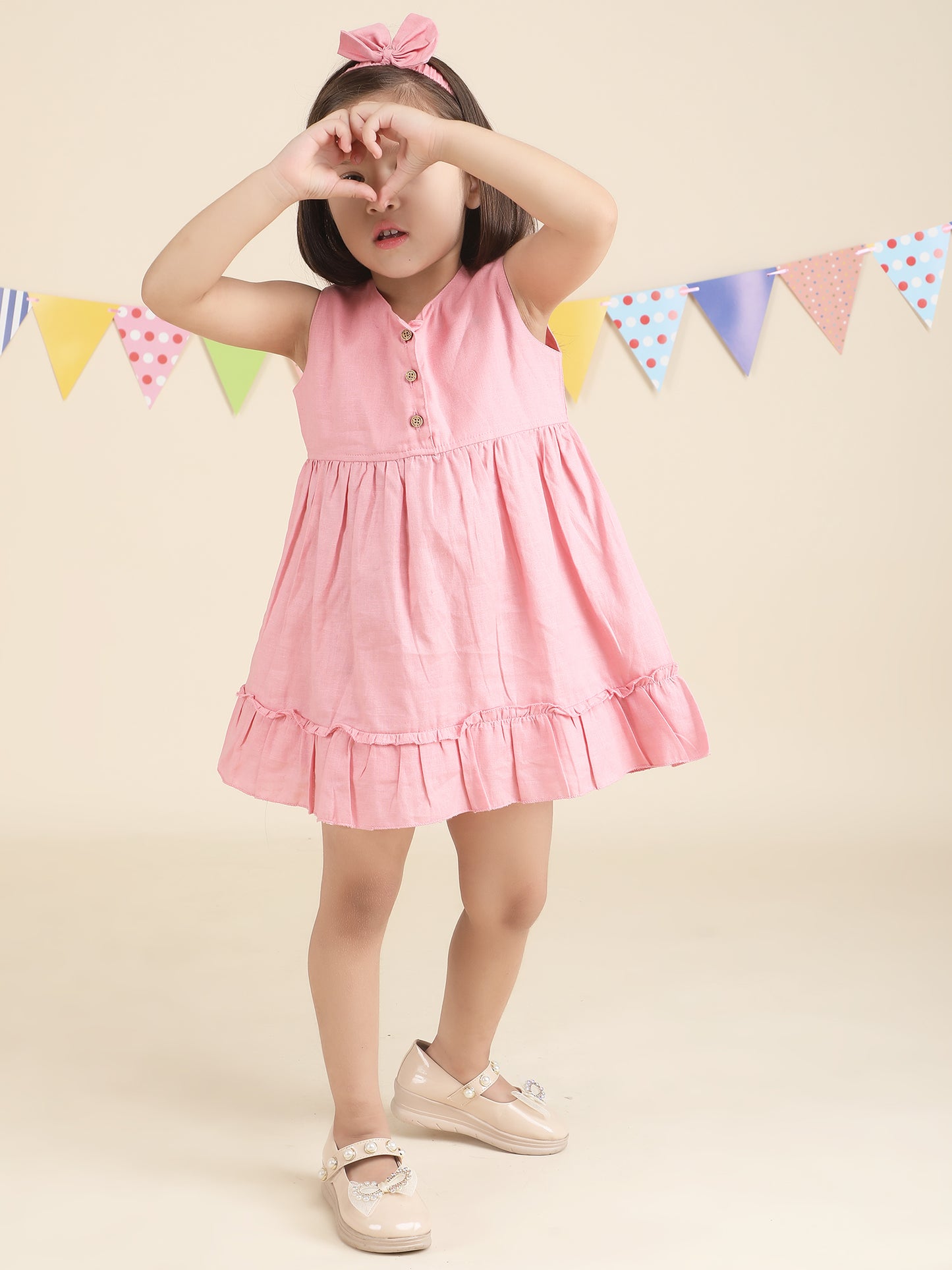 Polka Tots Sleeveless Solid frock with headband - Pink