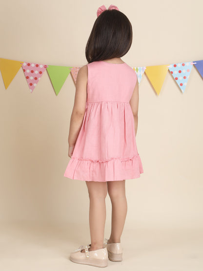 Polka Tots Sleeveless Solid frock with headband - Pink