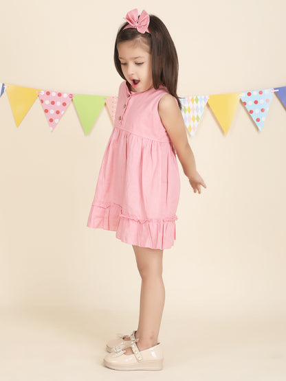 Polka Tots Sleeveless Solid frock with headband - Pink