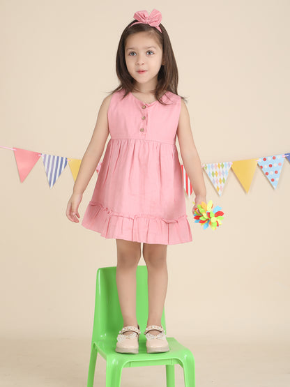 Polka Tots Sleeveless Solid frock with headband - Pink