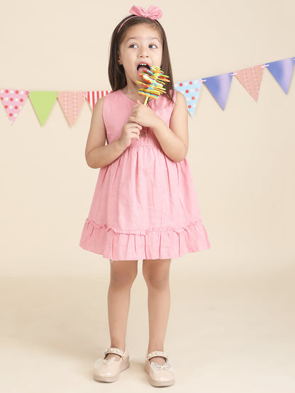 Polka Tots Sleeveless Solid frock with headband - Pink