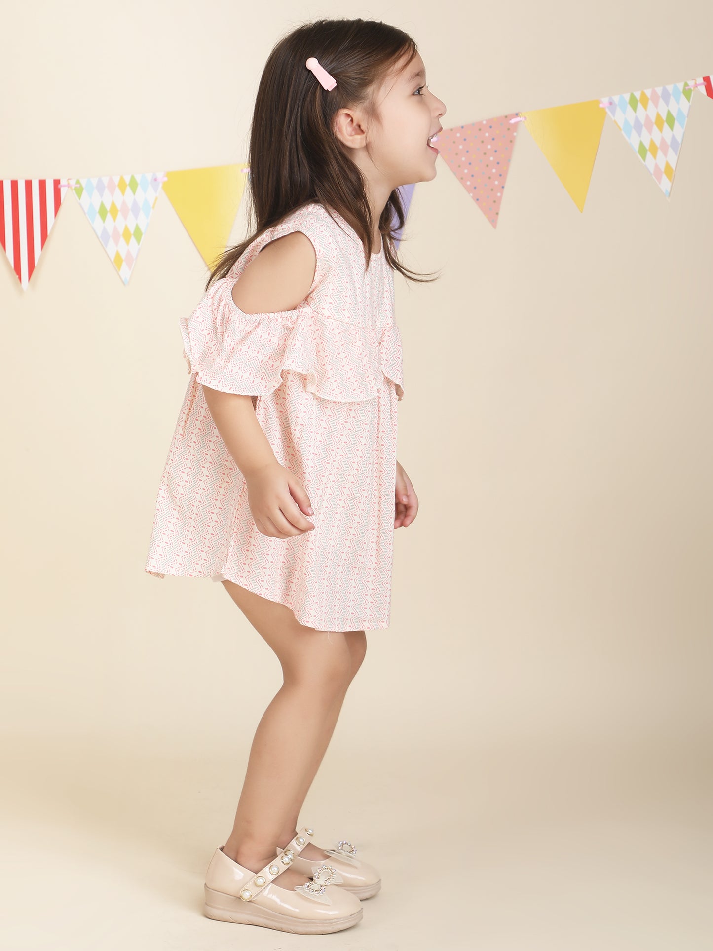 Polka Tots Halfsleeves Zig zag print frock with headband -Pink