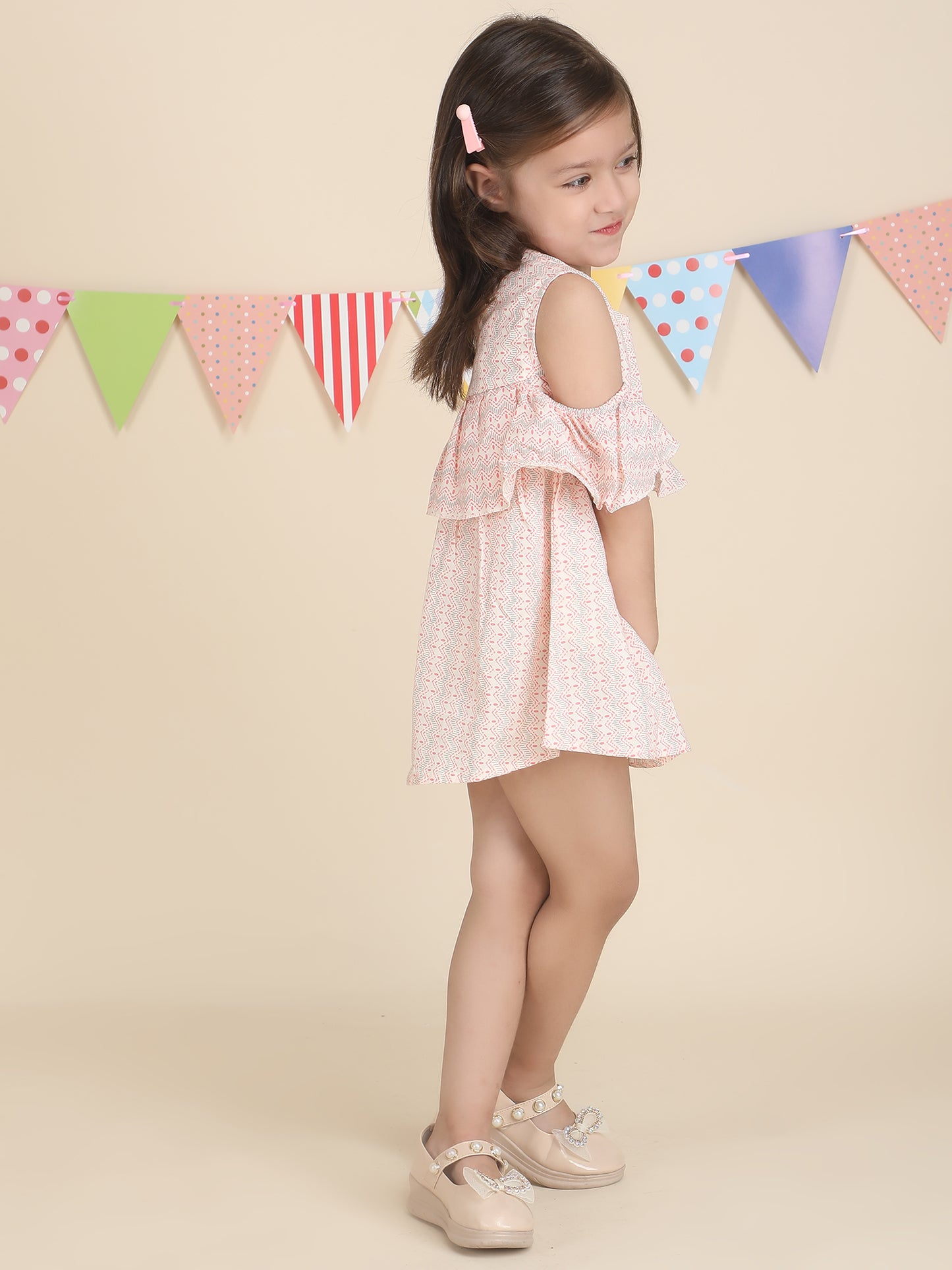 Polka Tots Halfsleeves Zig zag print frock with headband -Pink