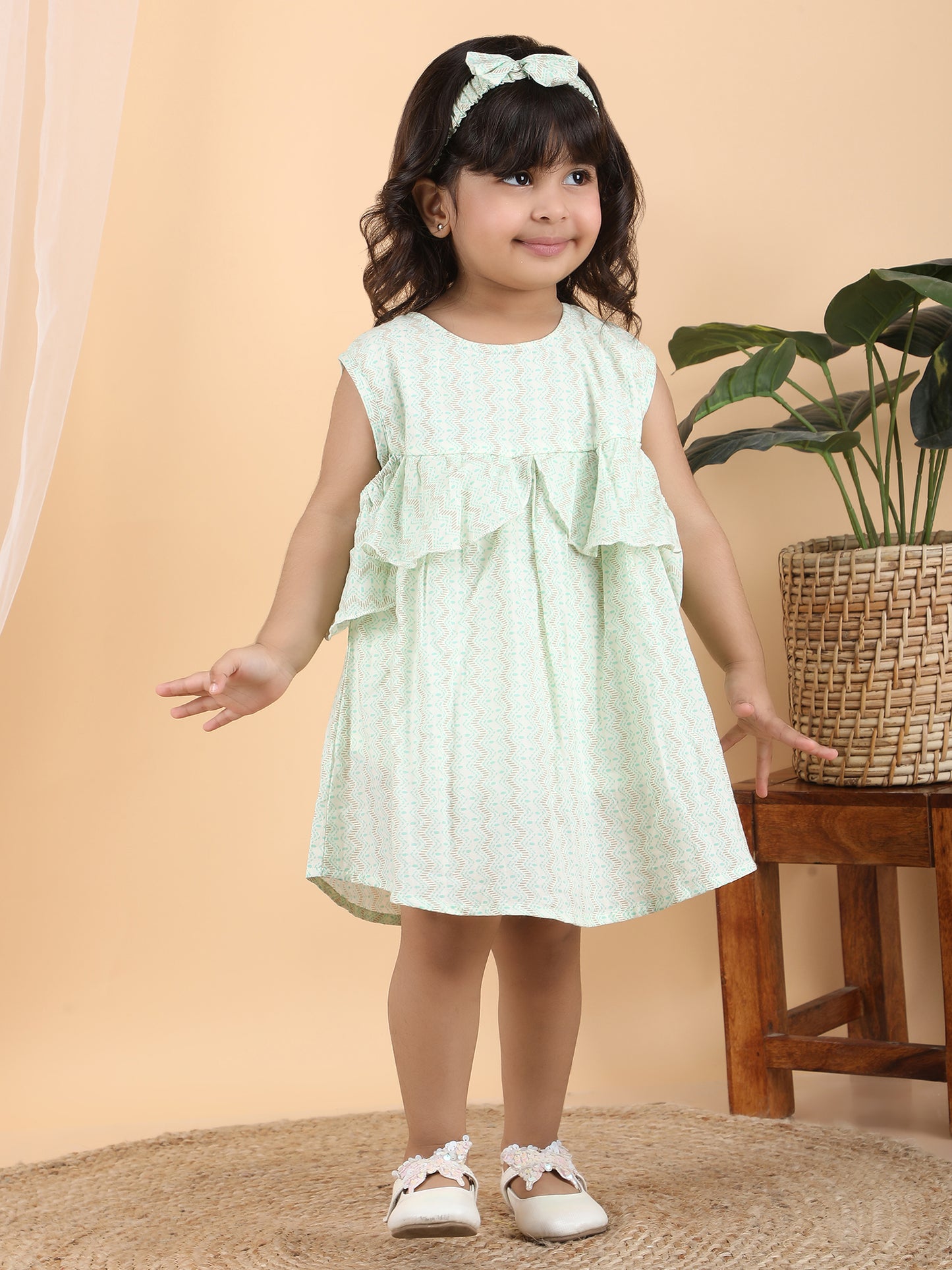 Polka Tots Sleeveless Zig zag print frock with headband  -Aqua