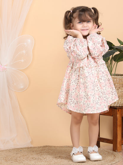 Polka Tots Full sleeves Floral print frock with headband - Pink