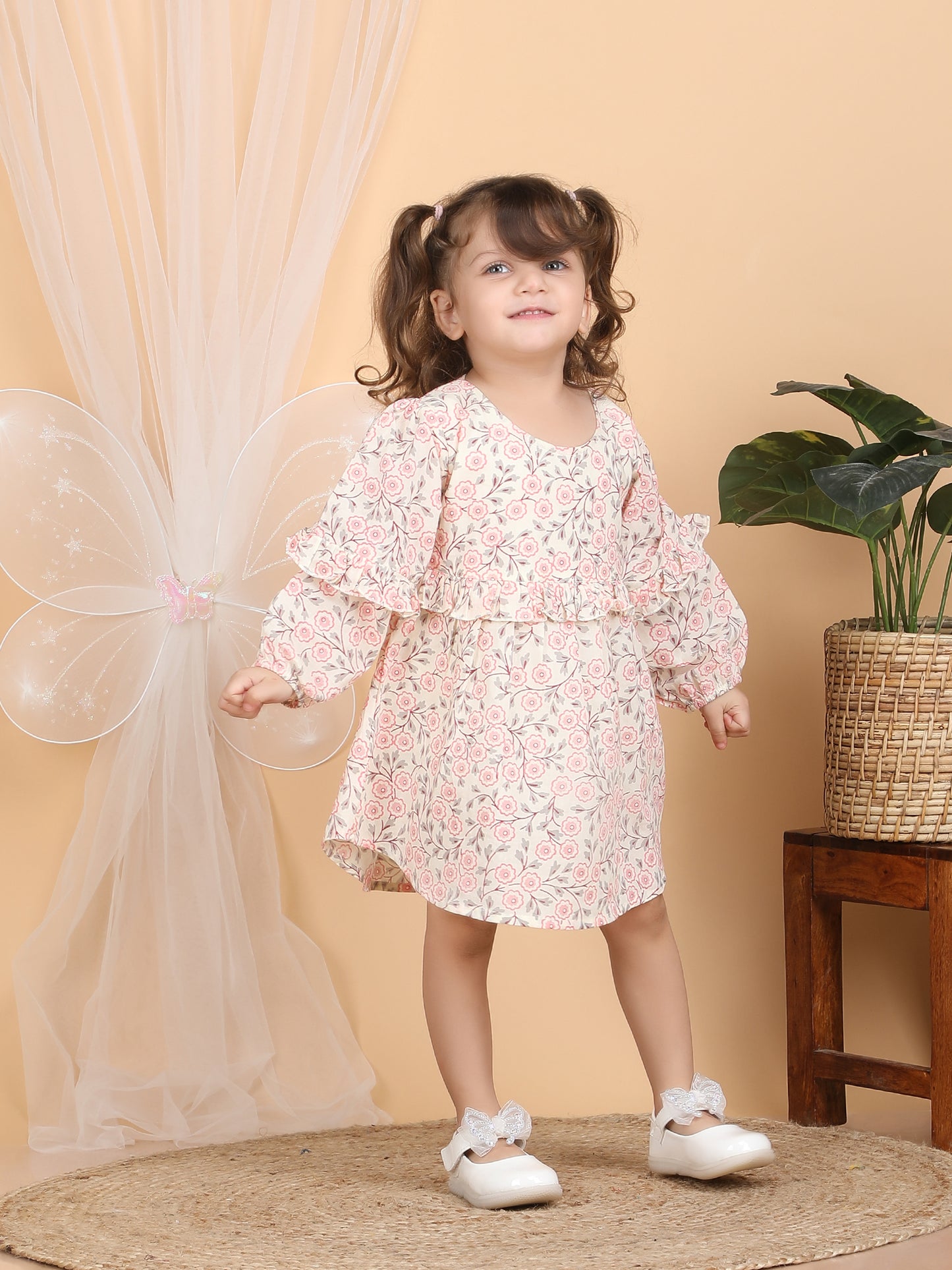 Polka Tots Full sleeves Floral print frock with headband - Pink