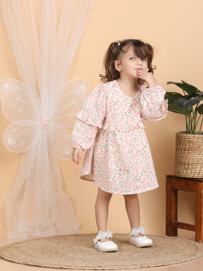 Polka Tots Full sleeves Floral print frock with headband - Pink