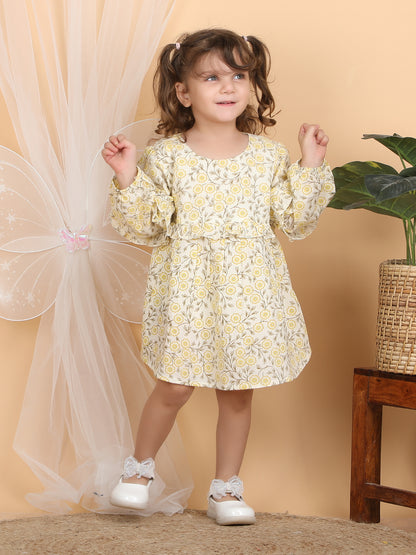 Polka Tots Full sleeves Floral print frock with headband - Yellow