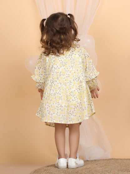 Polka Tots Full sleeves Floral print frock with headband - Yellow