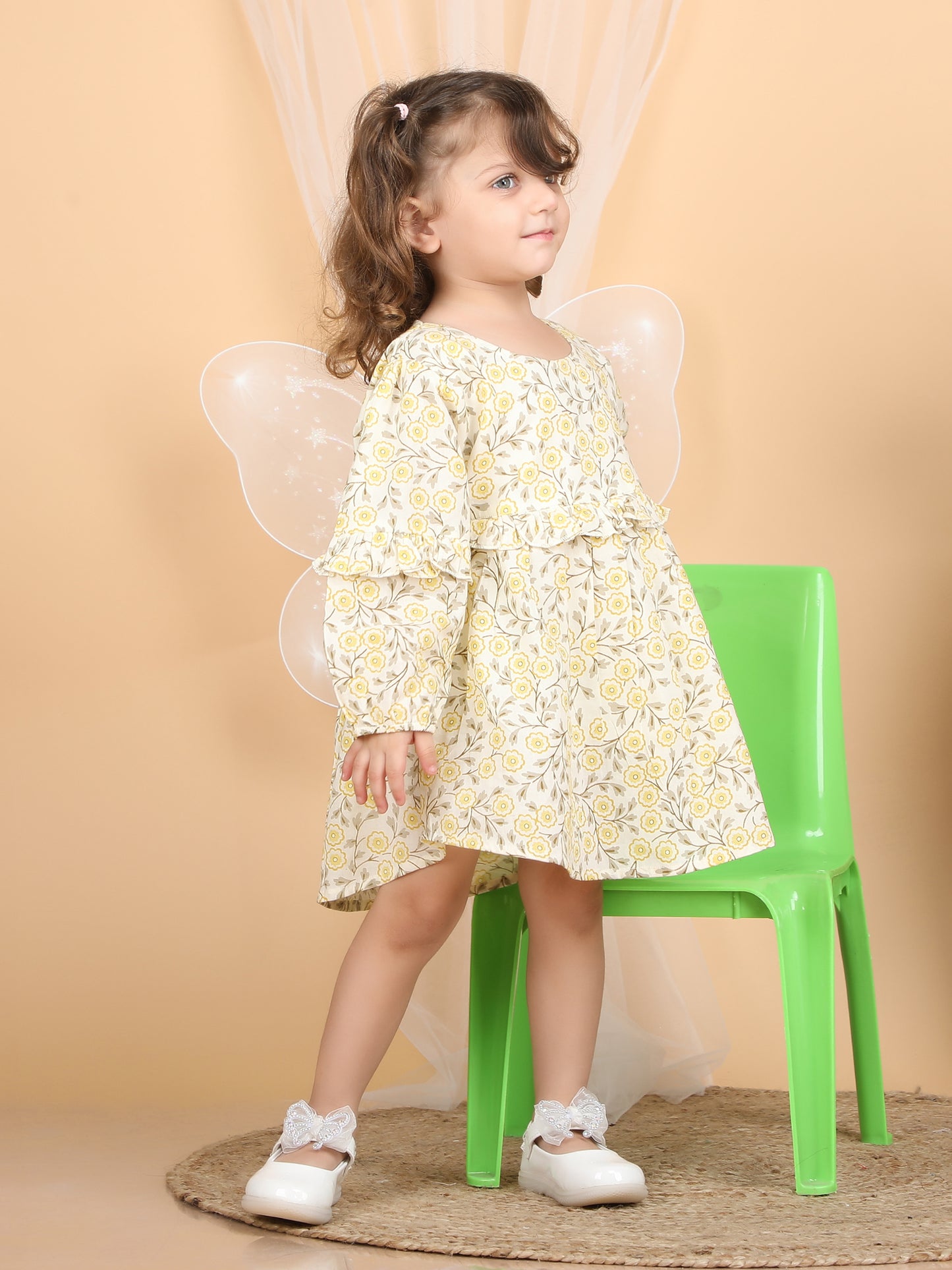 Polka Tots Full sleeves Floral print frock with headband - Yellow