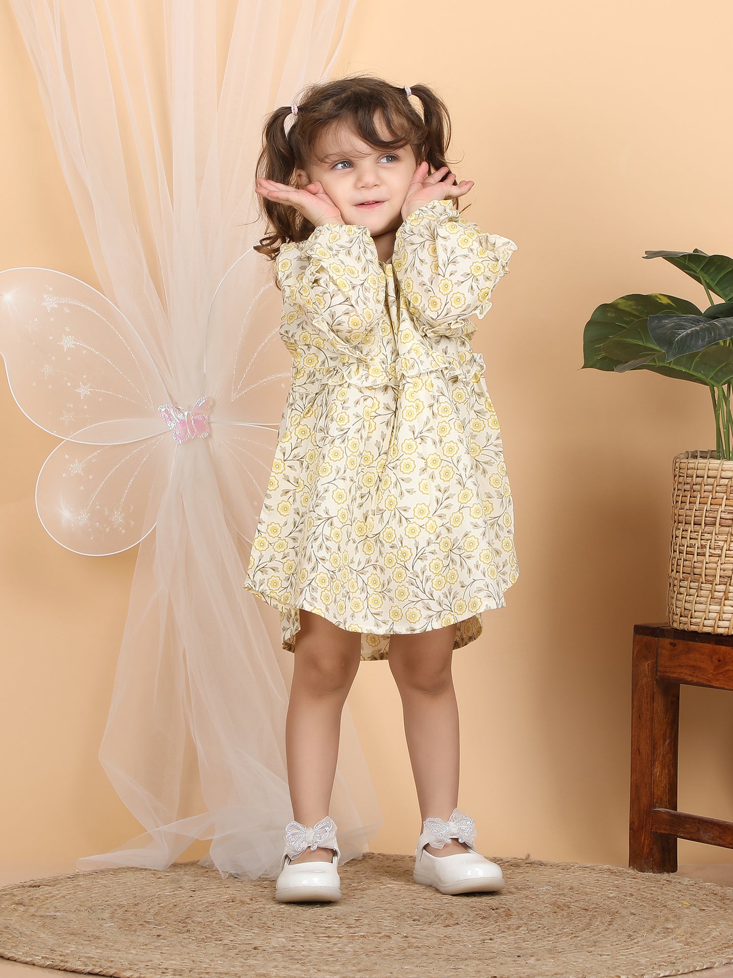 Polka Tots Full sleeves Floral print frock with headband - Yellow