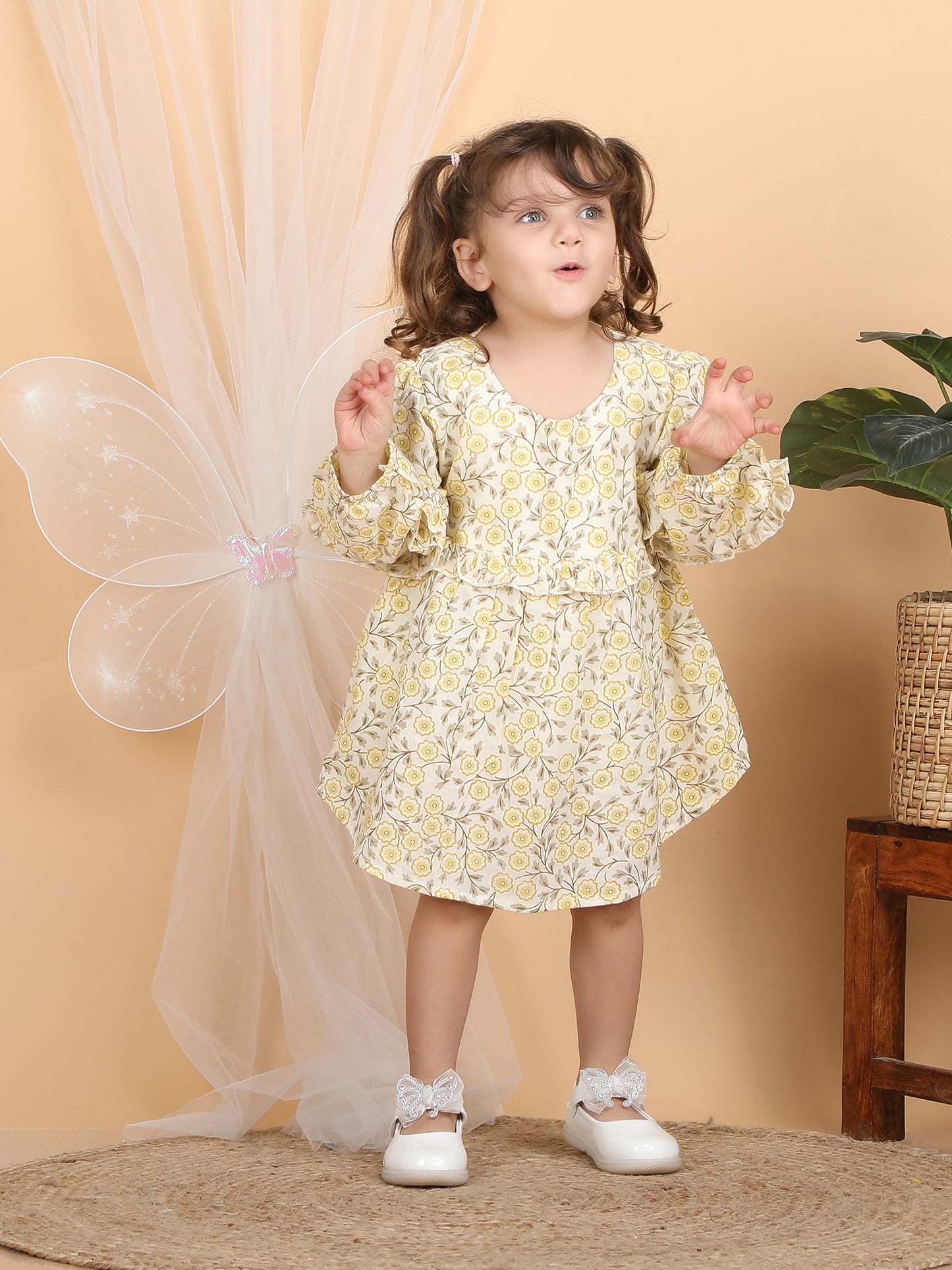 Polka Tots Full sleeves Floral print frock with headband - Yellow