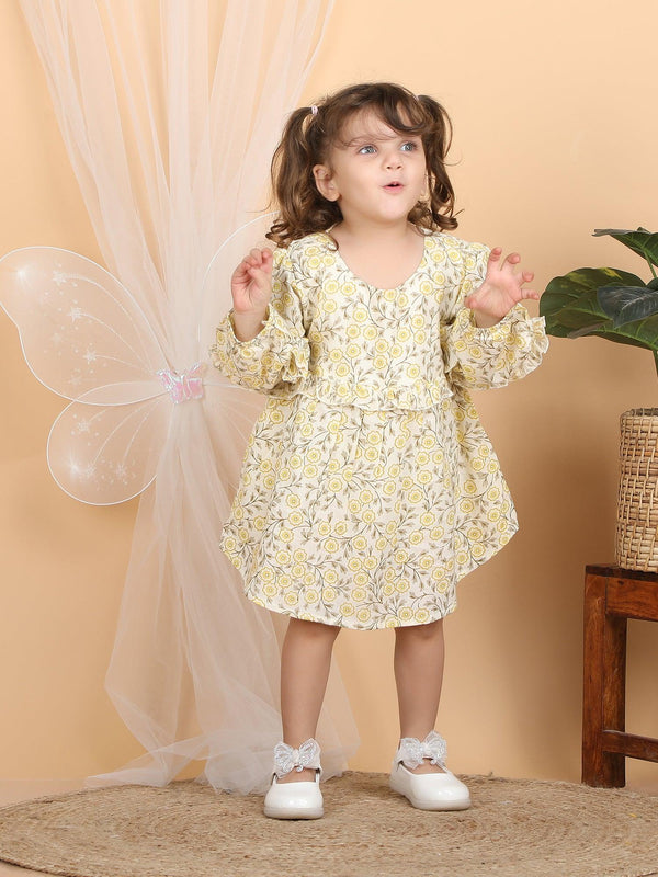 Polka Tots Full sleeves Floral print frock with headband - Yellow