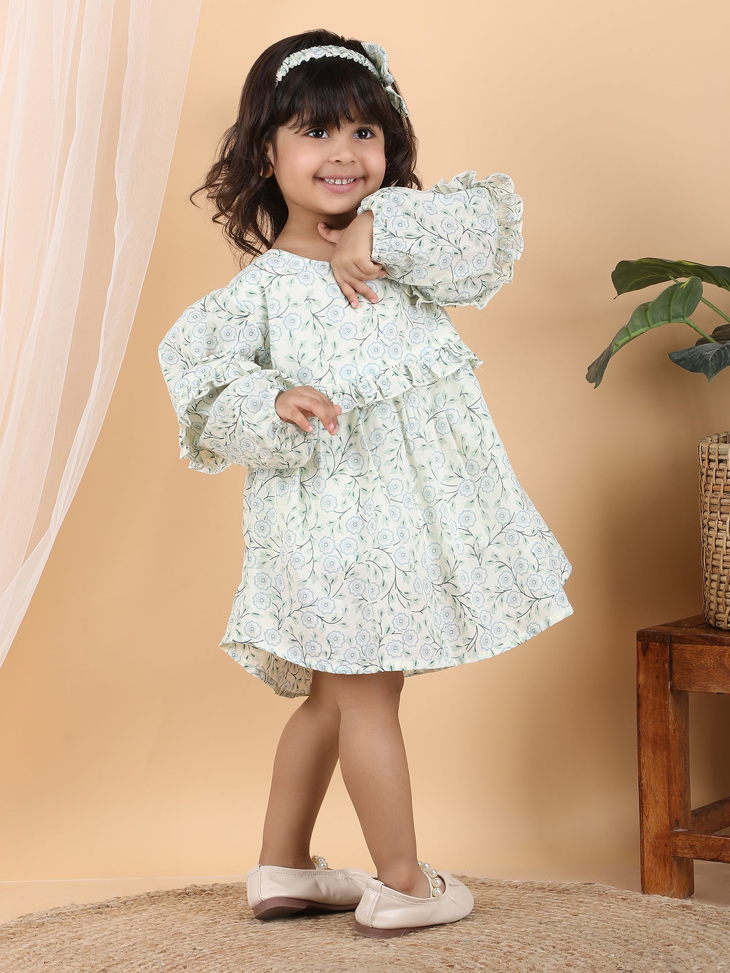 Polka Tots Full sleeves Floral print frock with headband - Blue