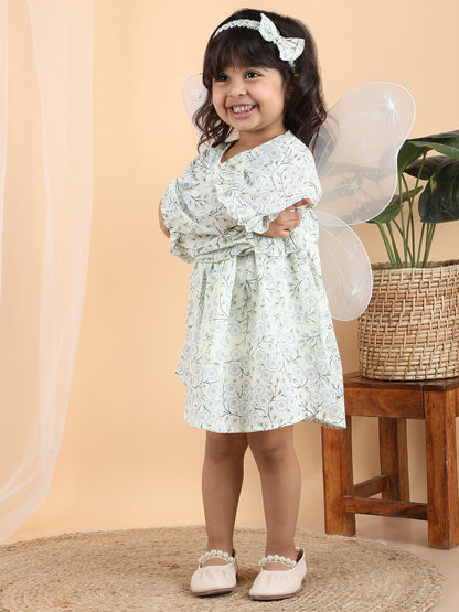 Polka Tots Full sleeves Floral print frock with headband - Blue