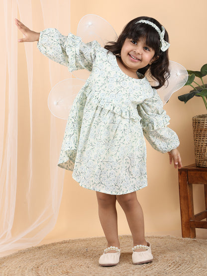 Polka Tots Full sleeves Floral print frock with headband - Blue