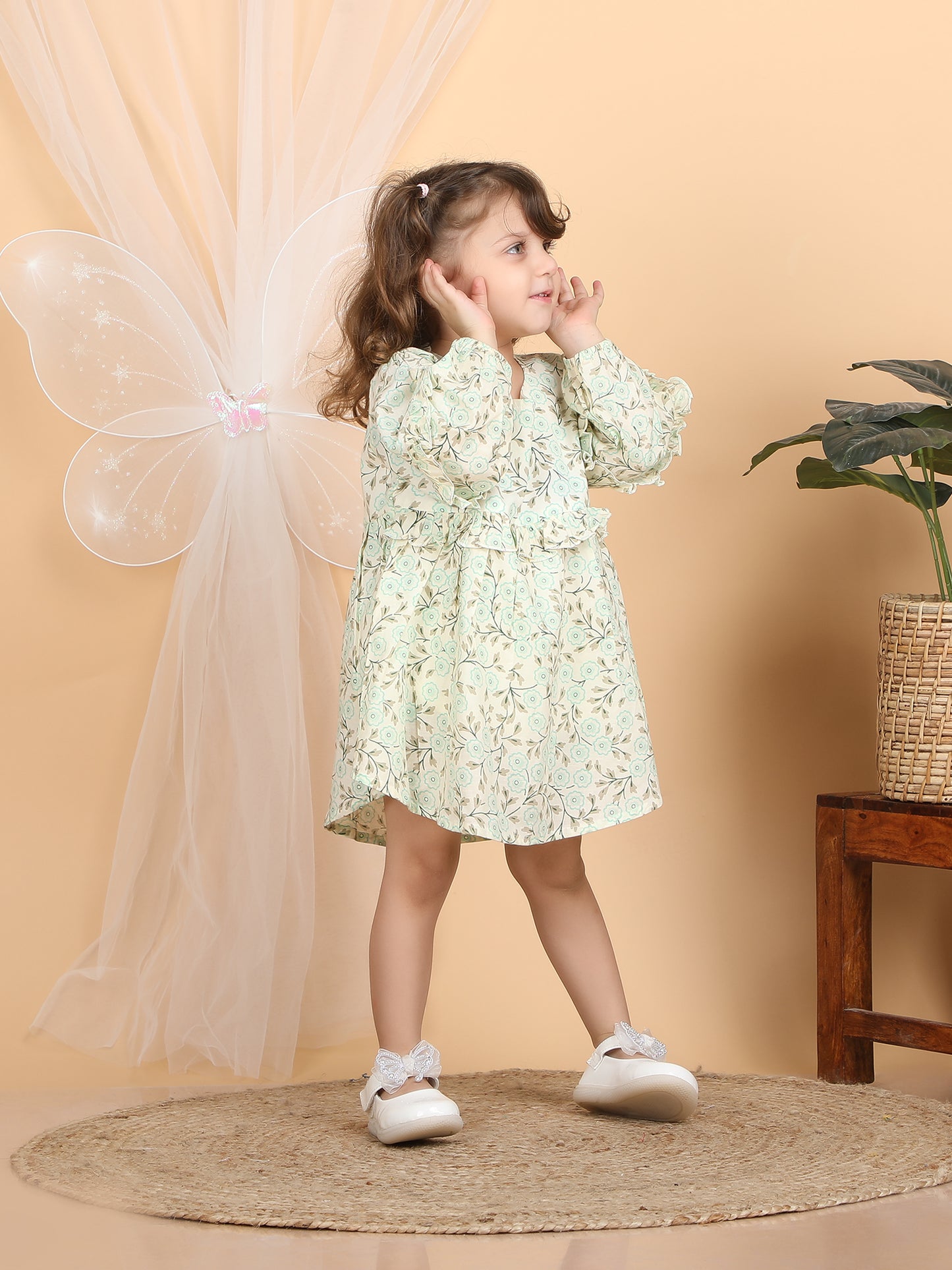 Polka Tots Full sleeves Floral print frock with headband - Aqua