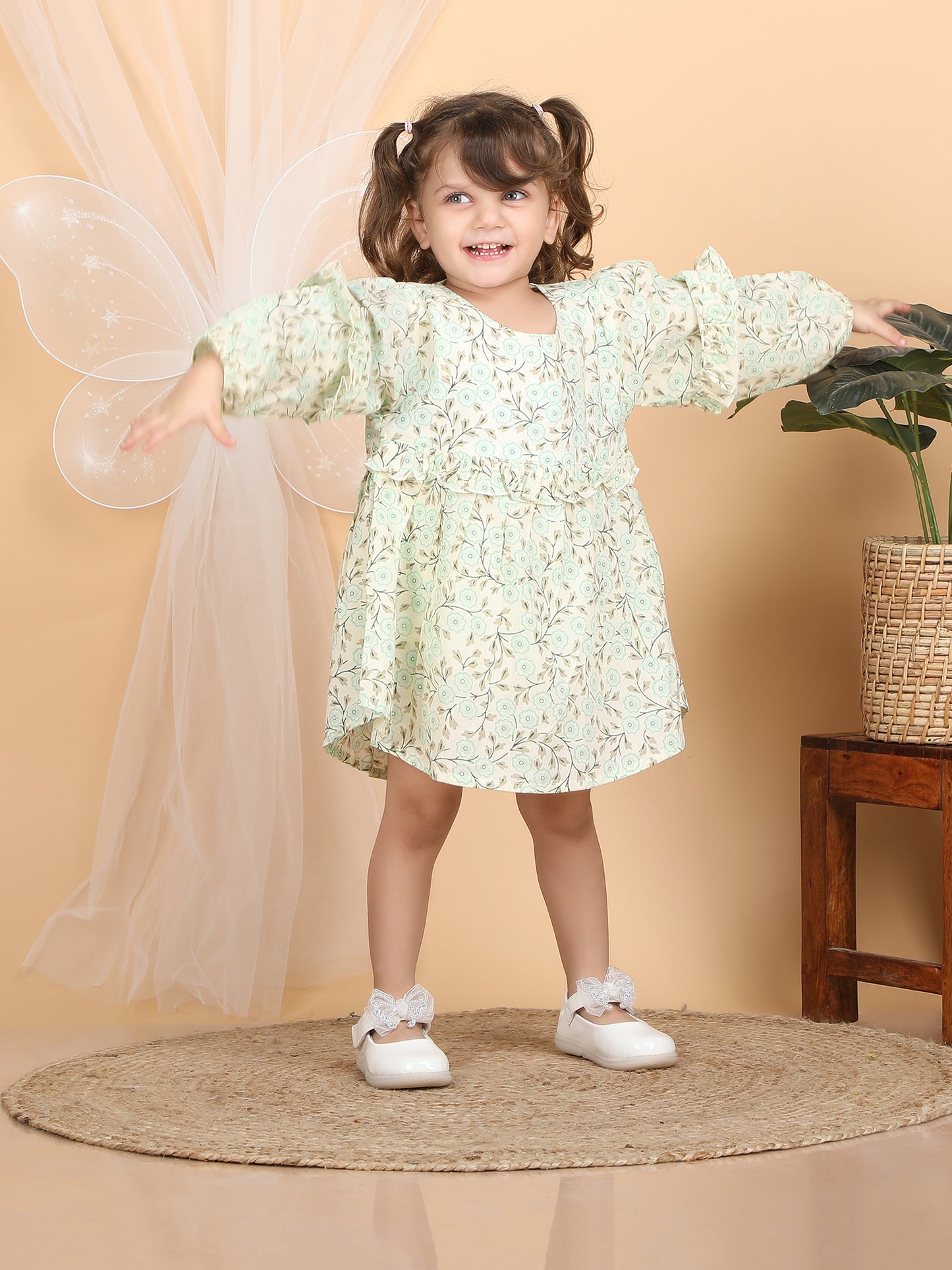 Polka Tots Full sleeves Floral print frock with headband - Aqua