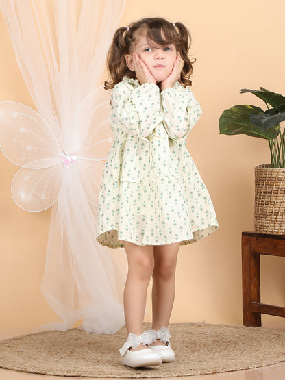 Polka Tots Full sleeves Floral print frock with headband  - Green