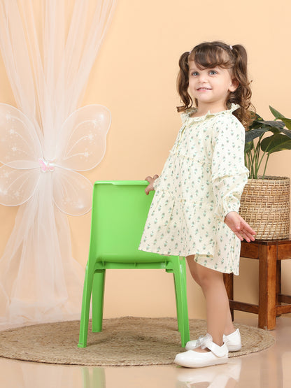 Polka Tots Full sleeves Floral print frock with headband  - Green