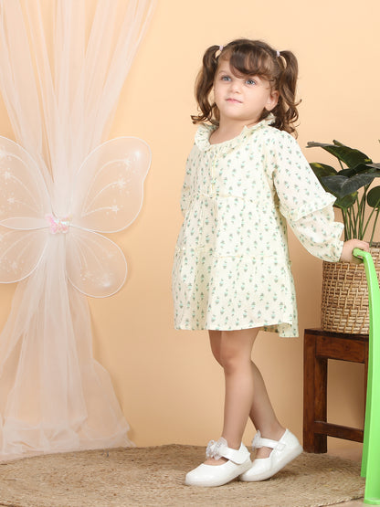 Polka Tots Full sleeves Floral print frock with headband  - Green