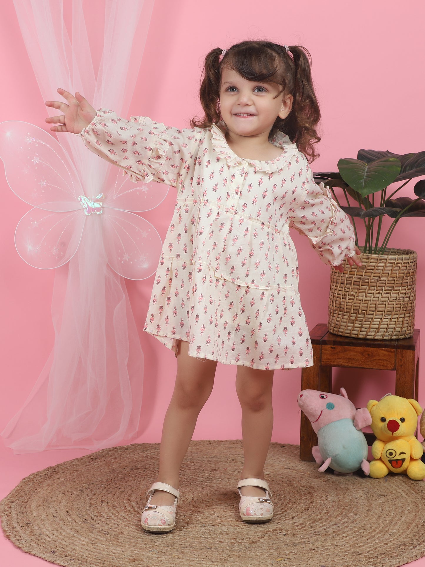 Polka Tots Full sleeves Floral print frock with headband - Pink