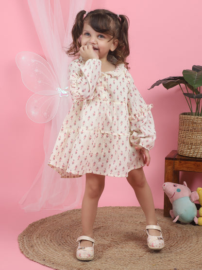 Polka Tots Full sleeves Floral print frock with headband - Pink