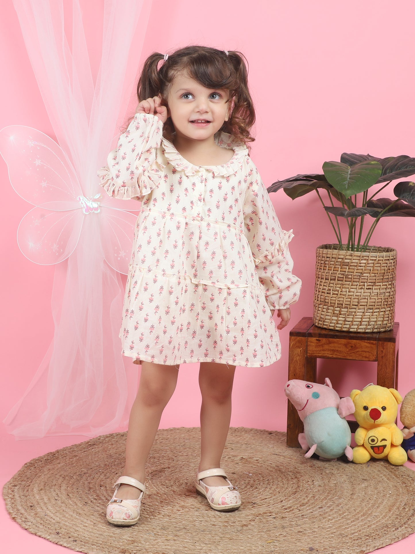 Polka Tots Full sleeves Floral print frock with headband - Pink