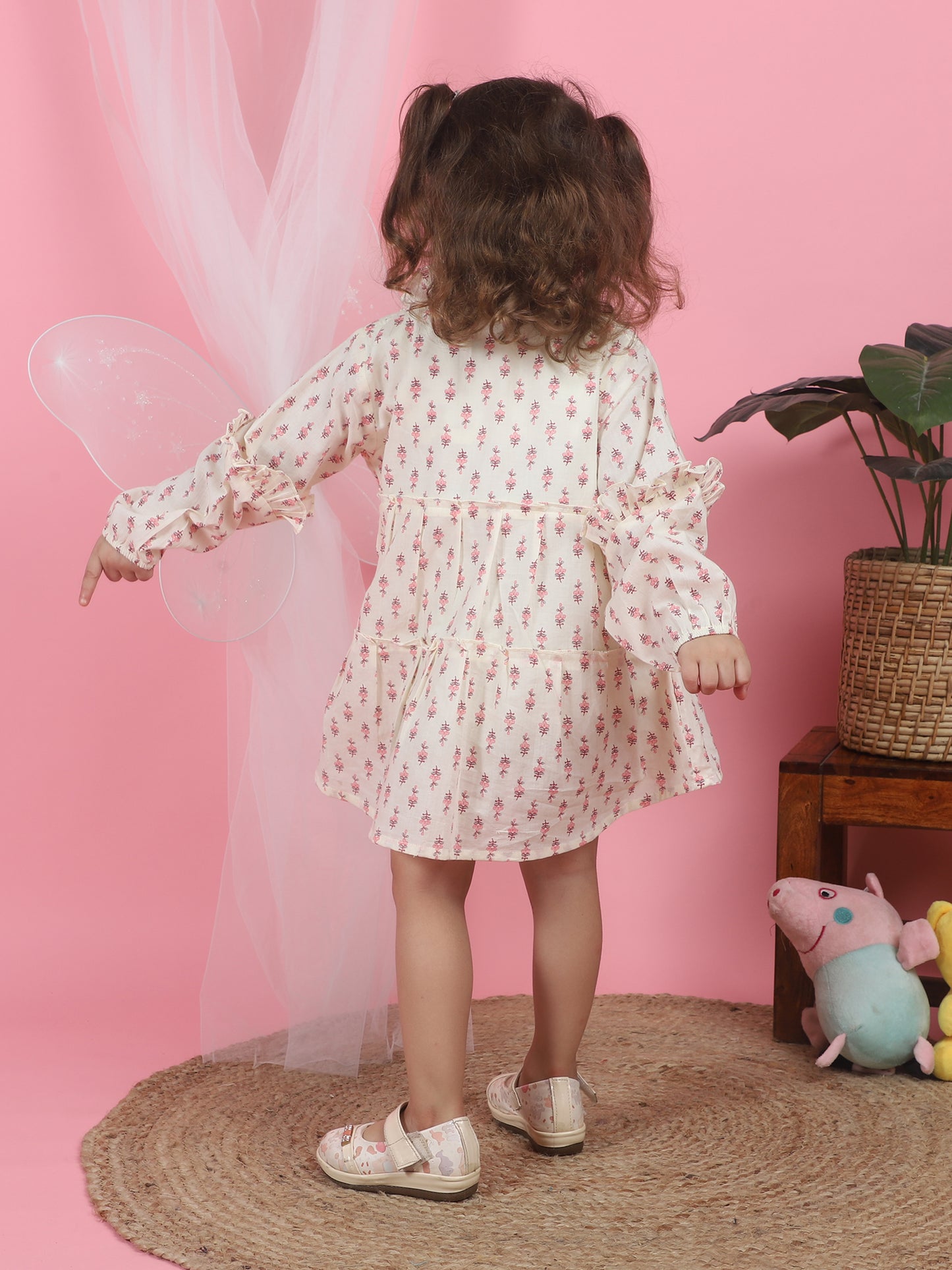 Polka Tots Full sleeves Floral print frock with headband - Pink