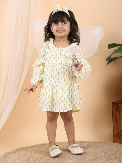 Polka Tots Full sleeves Floral print frock with headband - Yellow