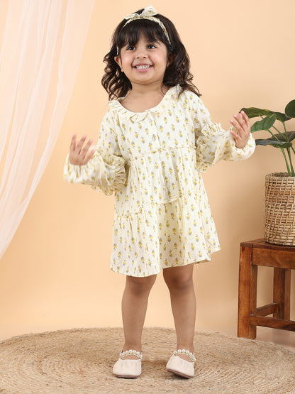 Polka Tots Full sleeves Floral print frock with headband - Yellow