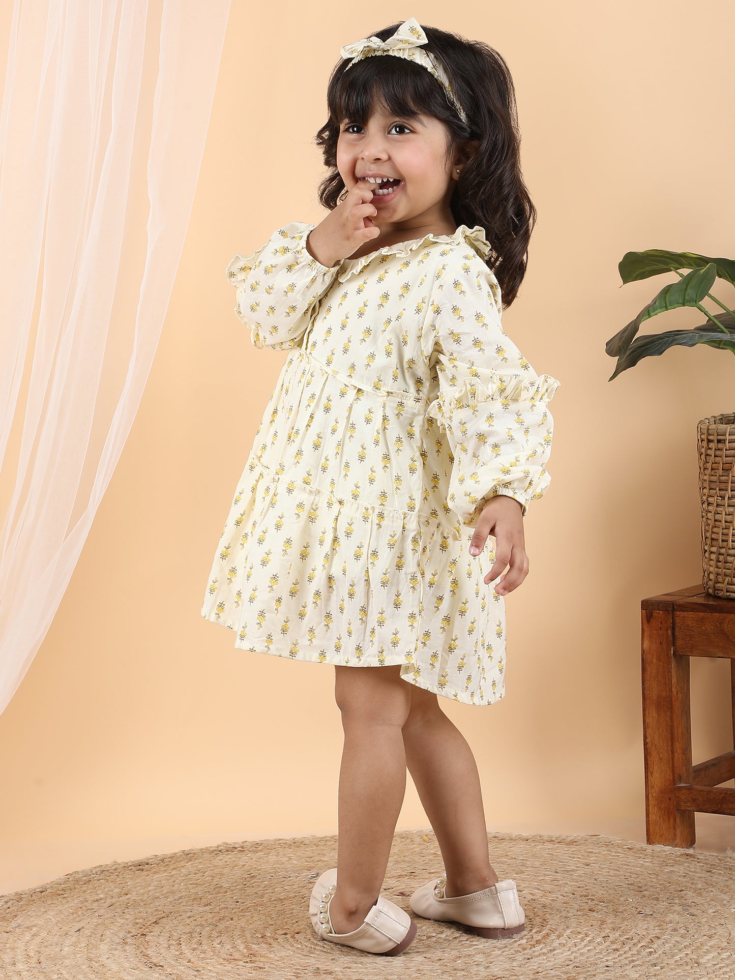 Polka Tots Full sleeves Floral print frock with headband - Yellow