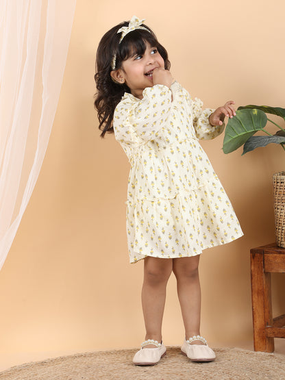 Polka Tots Full sleeves Floral print frock with headband - Yellow