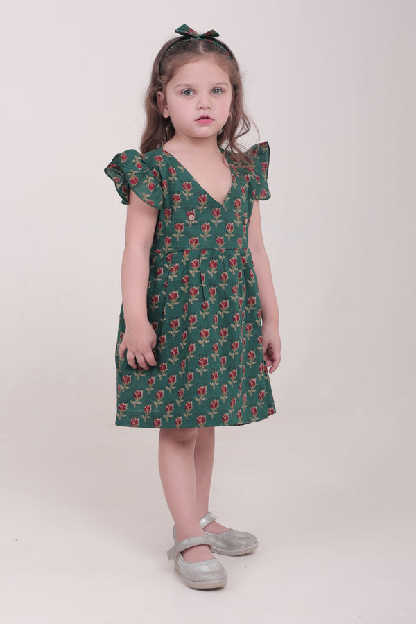 Polka Tots Half sleeve Floral print Frock with Headband - Dark Green