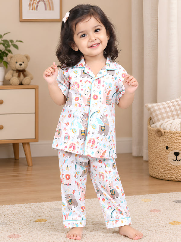 Polka Tots Half Sleeves Rainbow print Night Suit - White