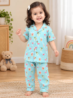 Polka Tots Half Sleeve Juice Print Night Suit - Blue