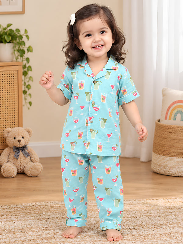 Polka Tots Half Sleeve Juice Print Night Suit - Blue
