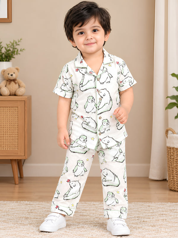 Polka Tots Half Sleeve Bear and Penguin print Night Suit - Peach