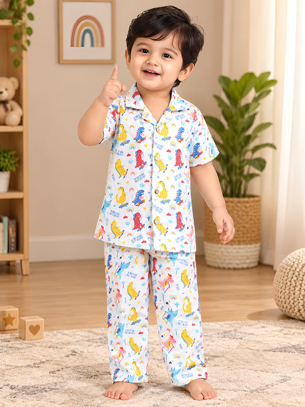 Polka Tots Half Sleeve Dinosaur print Night Suit - Multicolor