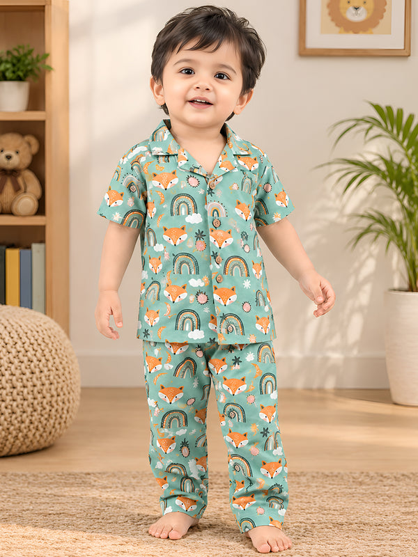 Polka Tots Half Sleeve Fox print Night Suit - Green