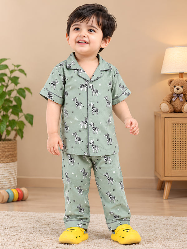 Polka Tots Half Sleeve Zebra print Night Suit - Green