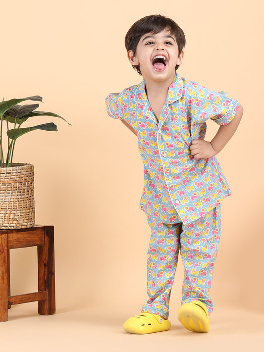 Polka tots Half Sleeves Lion print Night Suit - Light Blue