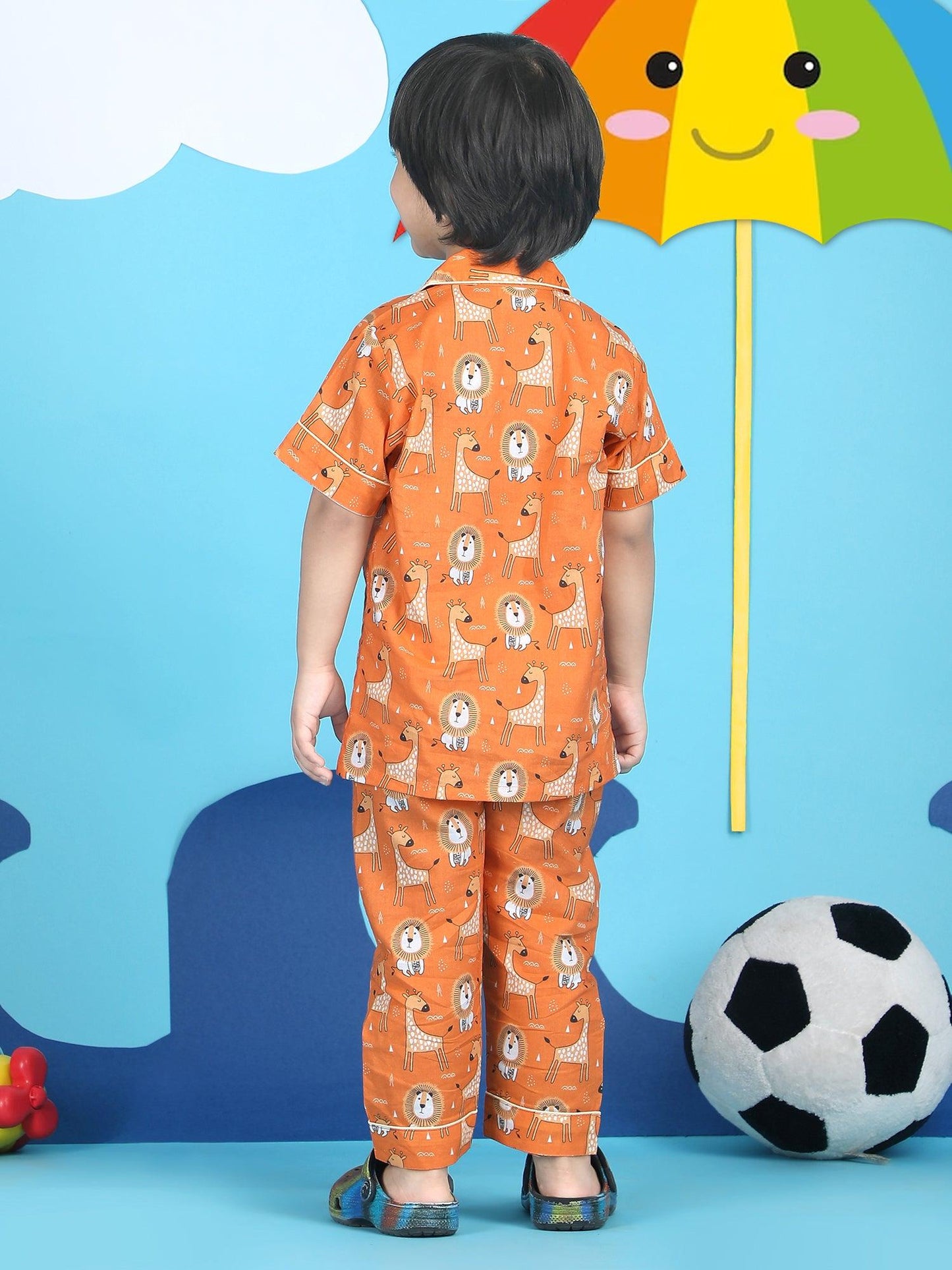 Polka Tots Half sleeves Lion and Giraffe print Night Suit - Orange